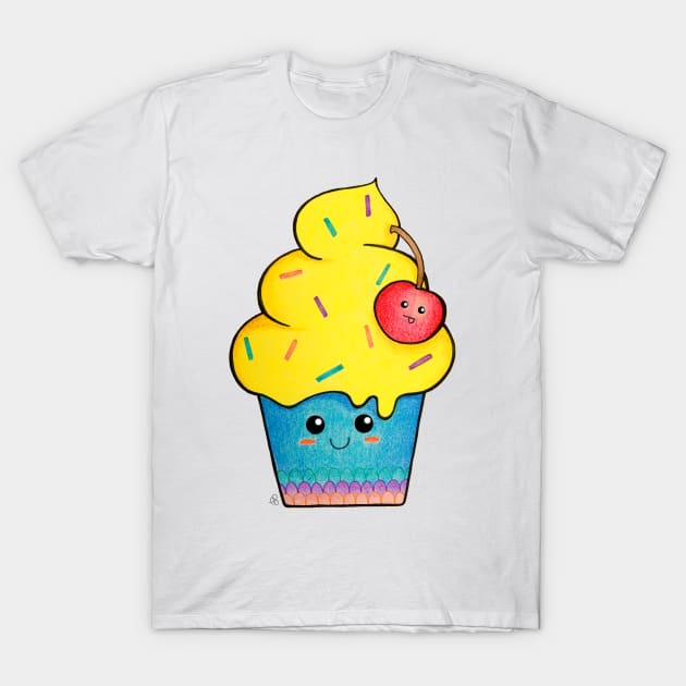 Cute as a Cupcake - Happy Colorful Cupcake With a Cherry on Top T-Shirt by Elinaana